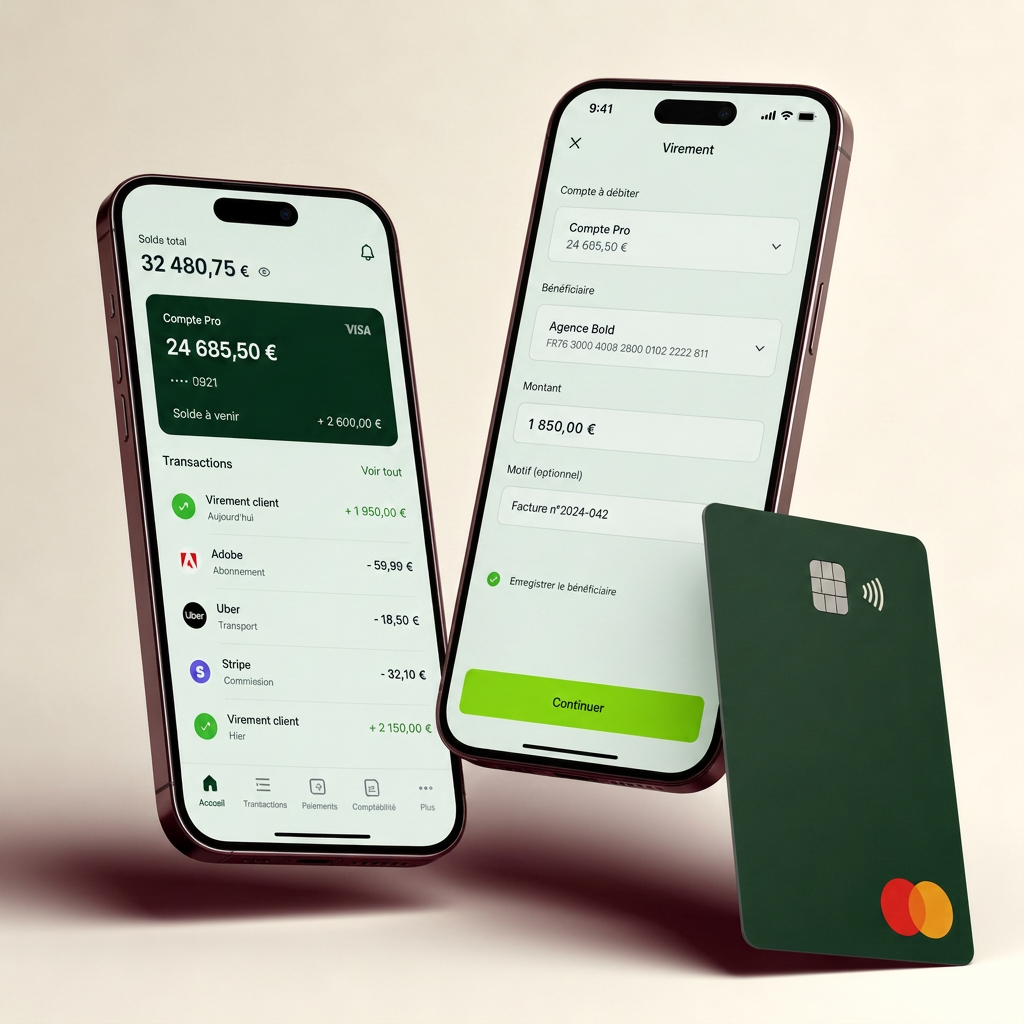 Compte professionnel Fynteo : solde, carte business et dernières transactions sur mobile
