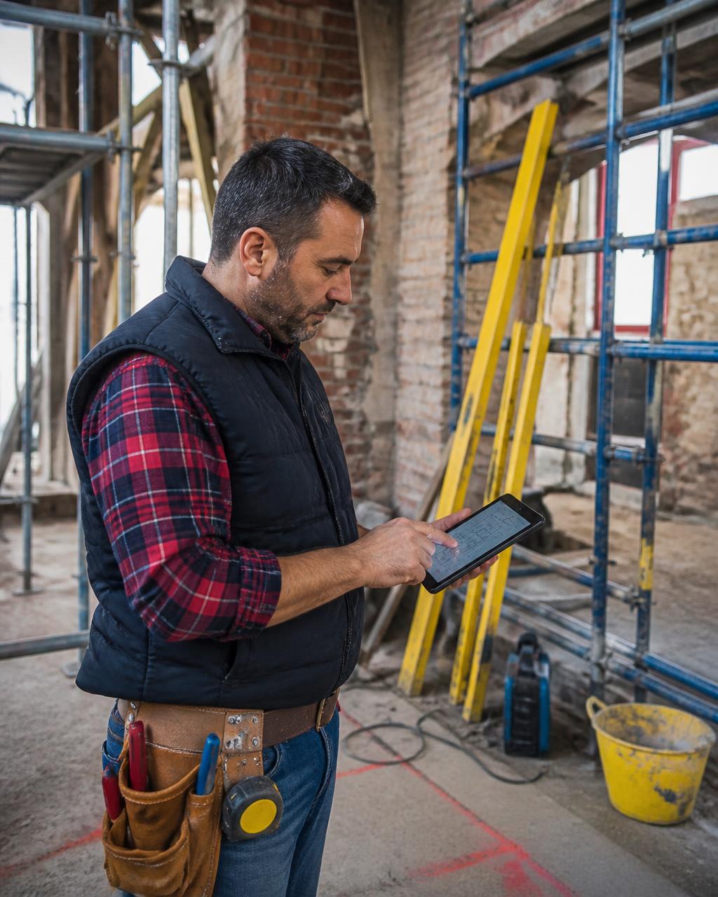 Artisan du bâtiment consultant des plans sur un chantier